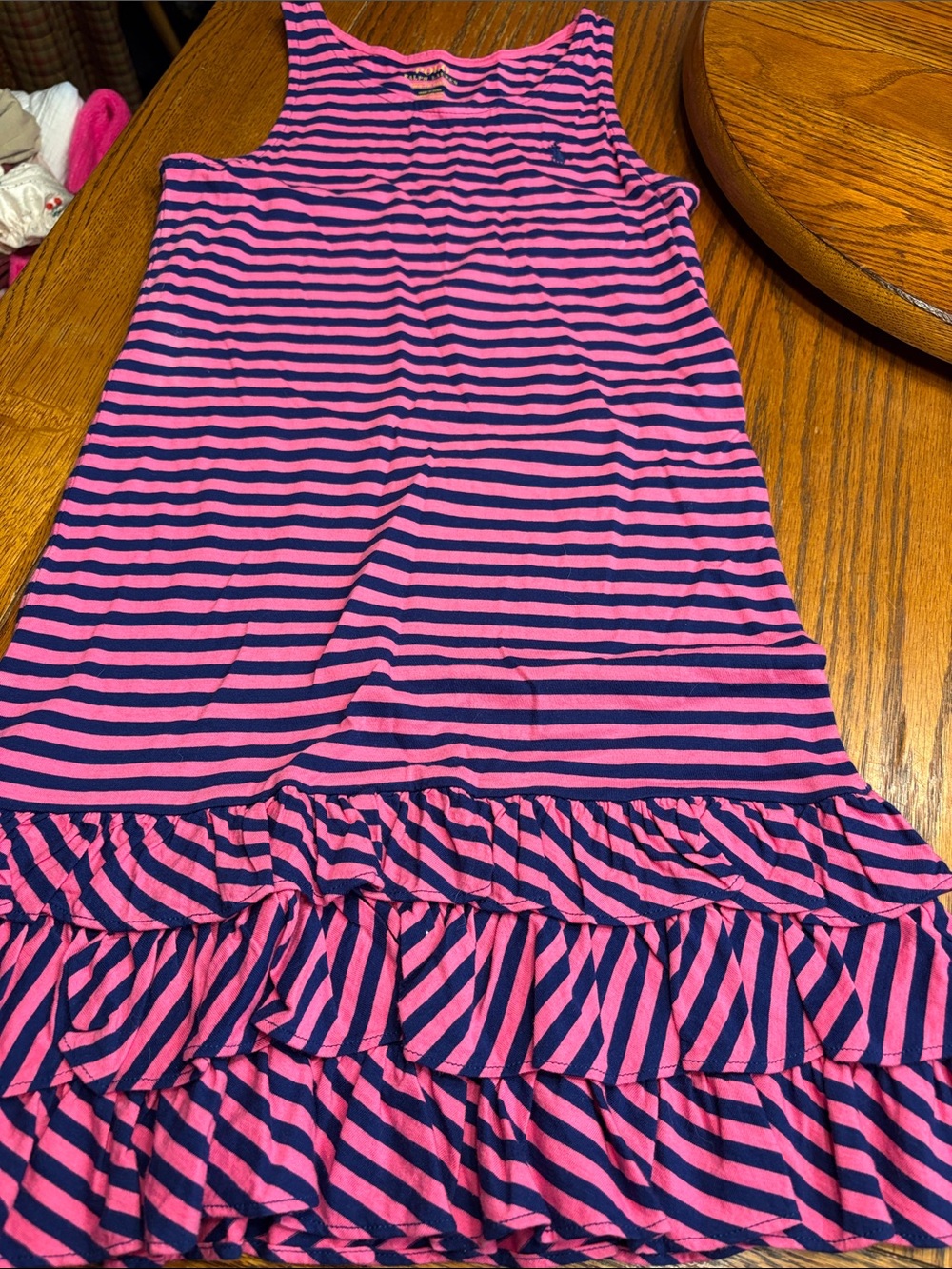 Polo by Ralph Lauren Girls Pink and Navy Striped Ruffle Dress